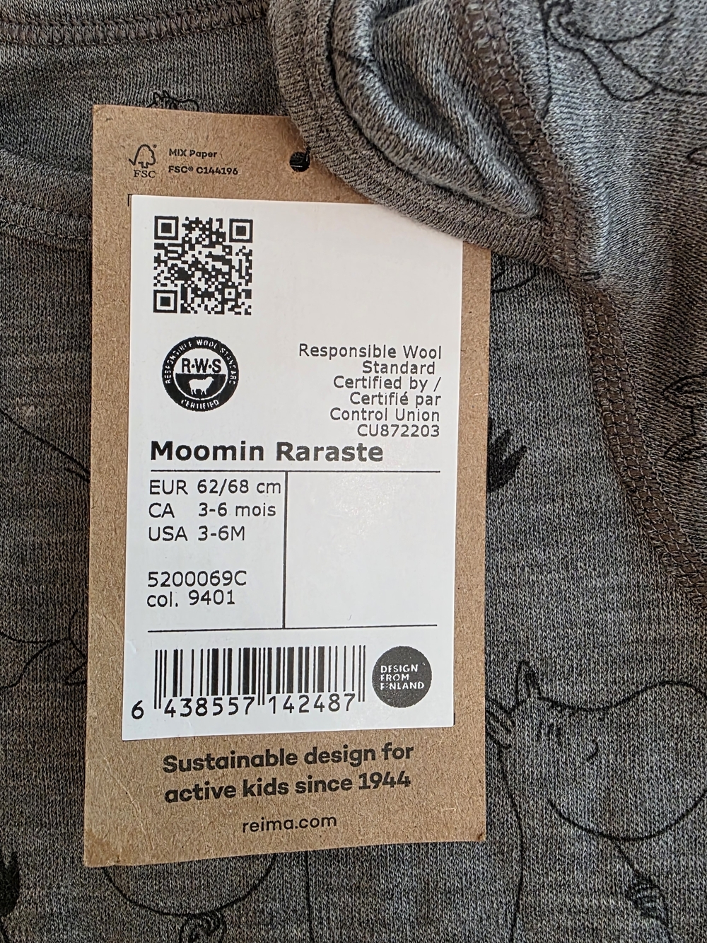 Moomin Reima Wool One Piece 3-6 Mos Sustainable Bodysuit Soft Baby Boy Animals - Picture 3 of 8